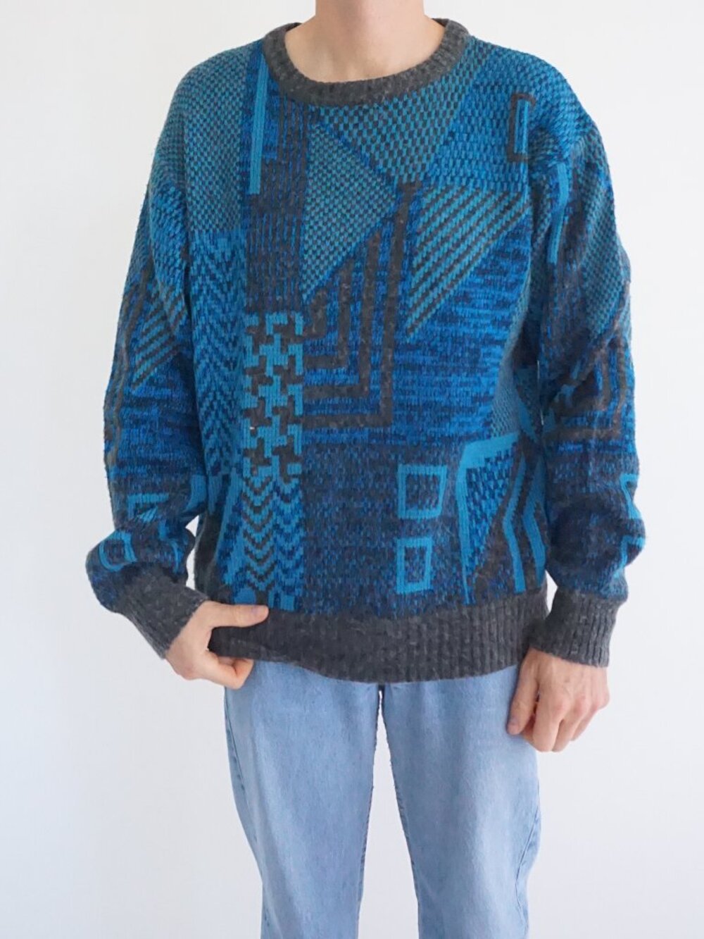 Vintage Boulevard Blue Gray Geometric Abstract Tall Long Sleeve Knit Sweater XLT